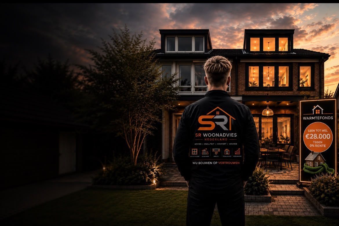 Adviseur van SR Woonadvies Nederland bij een gerenoveerde woning in de avondschemering